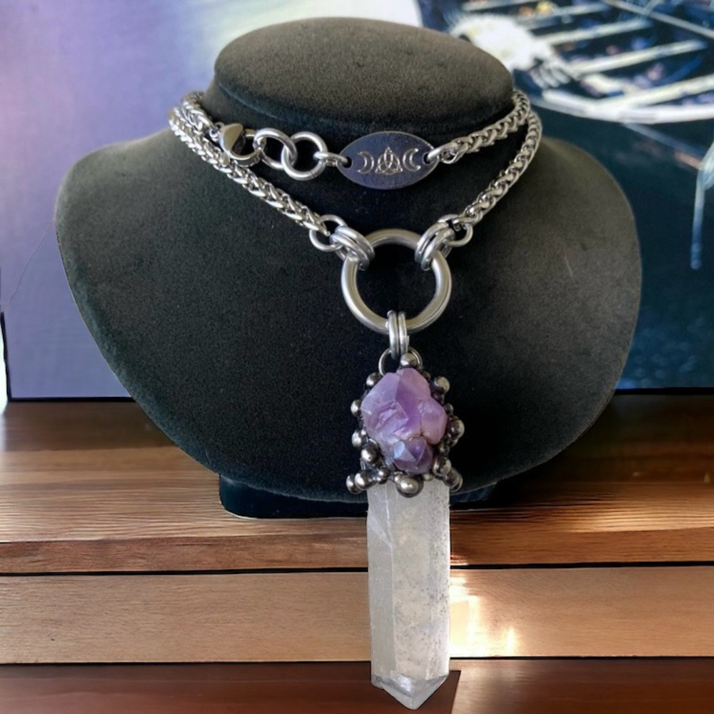 Natural raw purple amethyst &  crystal quartz gemstone boho charm necklace